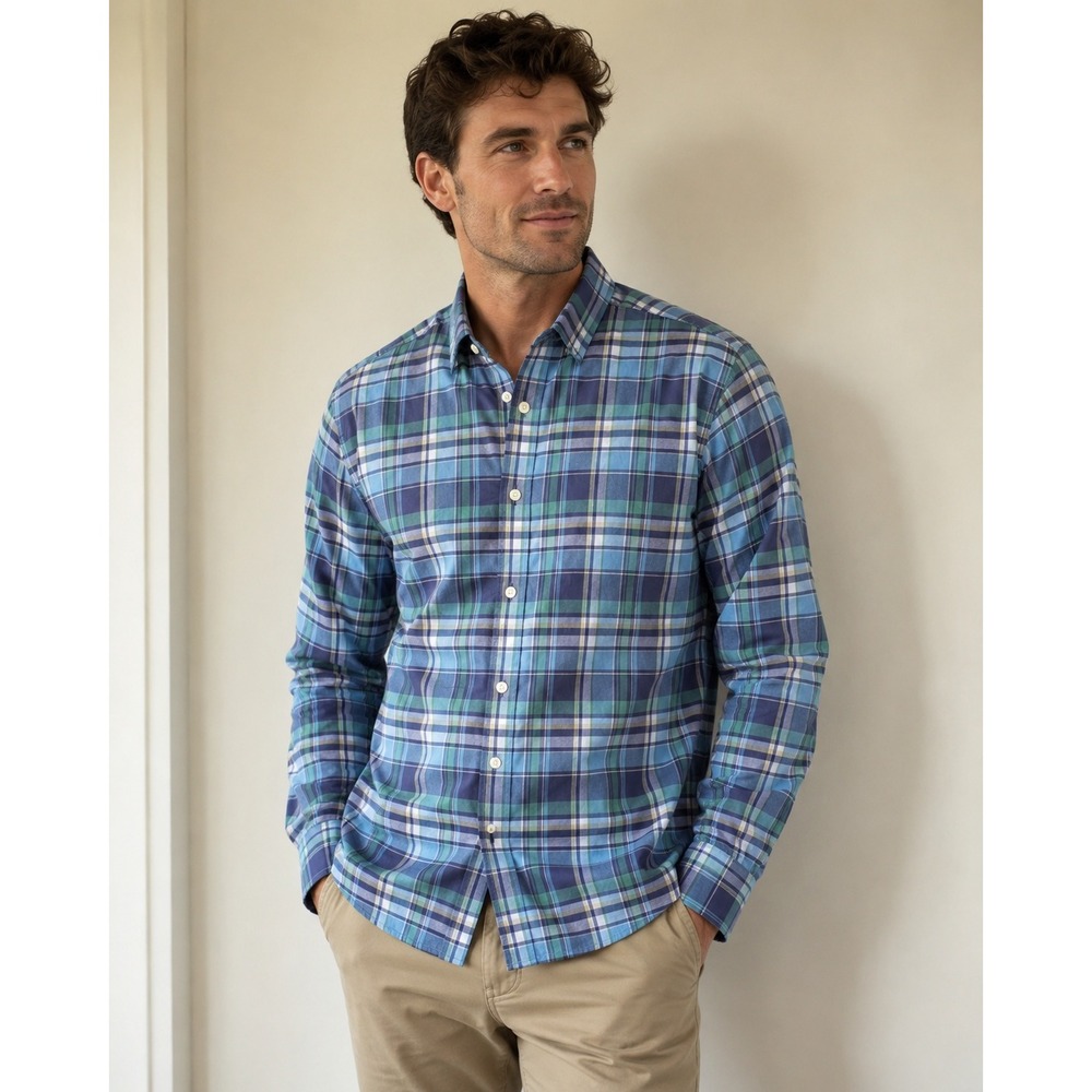 UNTUCKit Rombauer Blue Green Plaid Cotton Button Down Shirt Mens Large 35563
